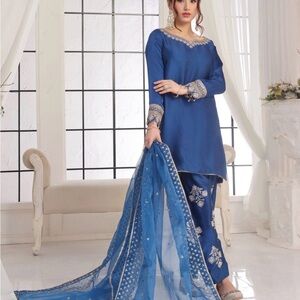 Embroidered Royal Blue Pakistani Suit with Dupatta 3-pc